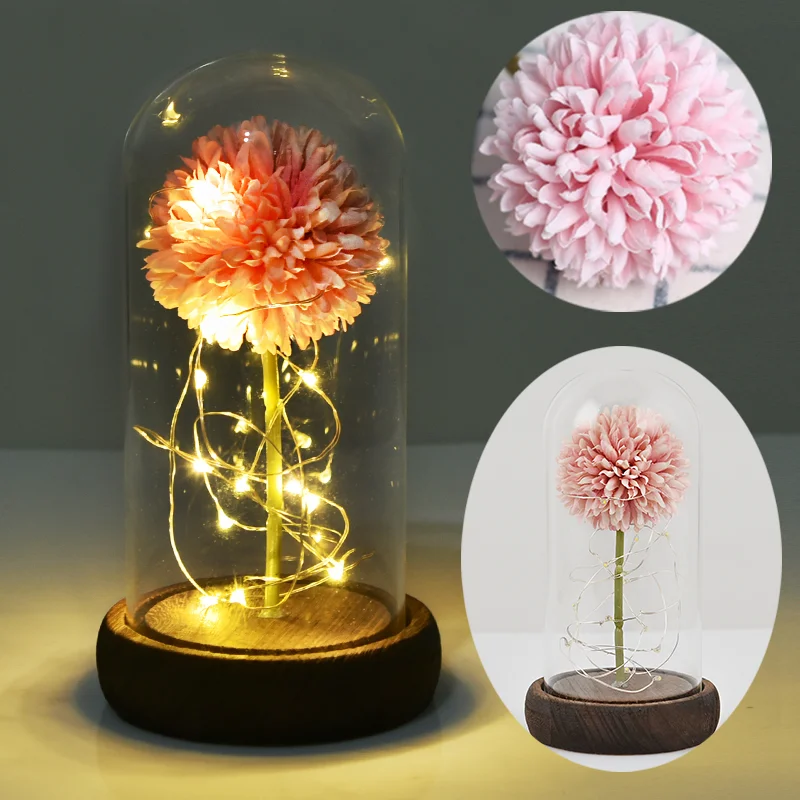 Pink Dandelion Красота и чудовище, искусственные цветы, вечная Золотая фольга, роза, светодиодный светильник, стеклянный купол, ночник, подарок на день рождения для девочек - Цвет: Pink Dandelion