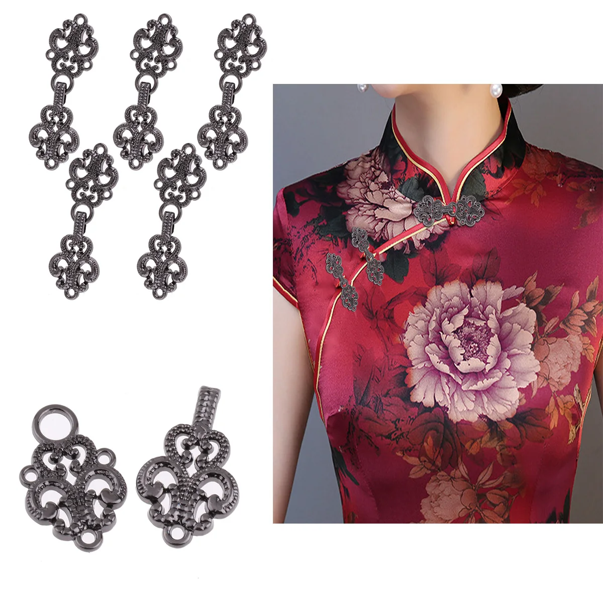 

5 Pair Clothing Snap Buttons Vintage Flower Cheongsam Cape Snap Button Clasp Sew On Hook Eyes Shawl Cardigan Clip Metal Fastener