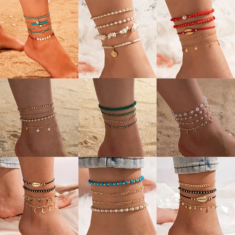 

docona Fashion Colorful Beaded Broken Stone Anklets for Women Pearl Shell Star Multilayer Lady Summer Ocean Beach Party Jewelry