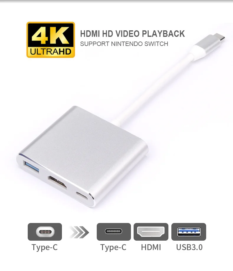 

USB-C To HDMI 3 in 1 Cable Converter Type C to HDMI 4K HD USB3.0 Type C PD Charging Converter for Apple Macbook