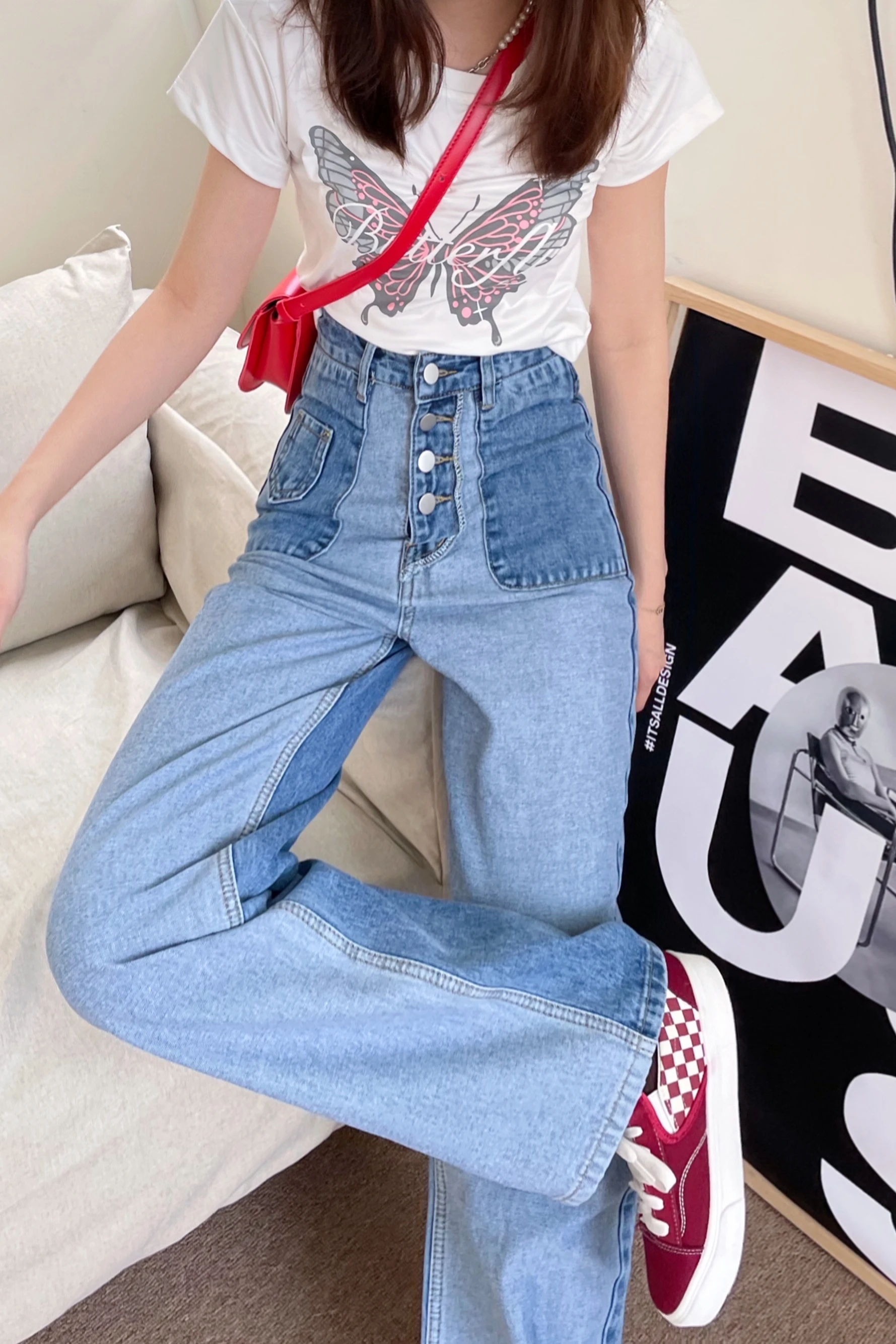 

Contrast Stitching High Waist Jeans Loose Wide Leg Pants Straight Jeans Women's Design Sense Breasted Floor Pants