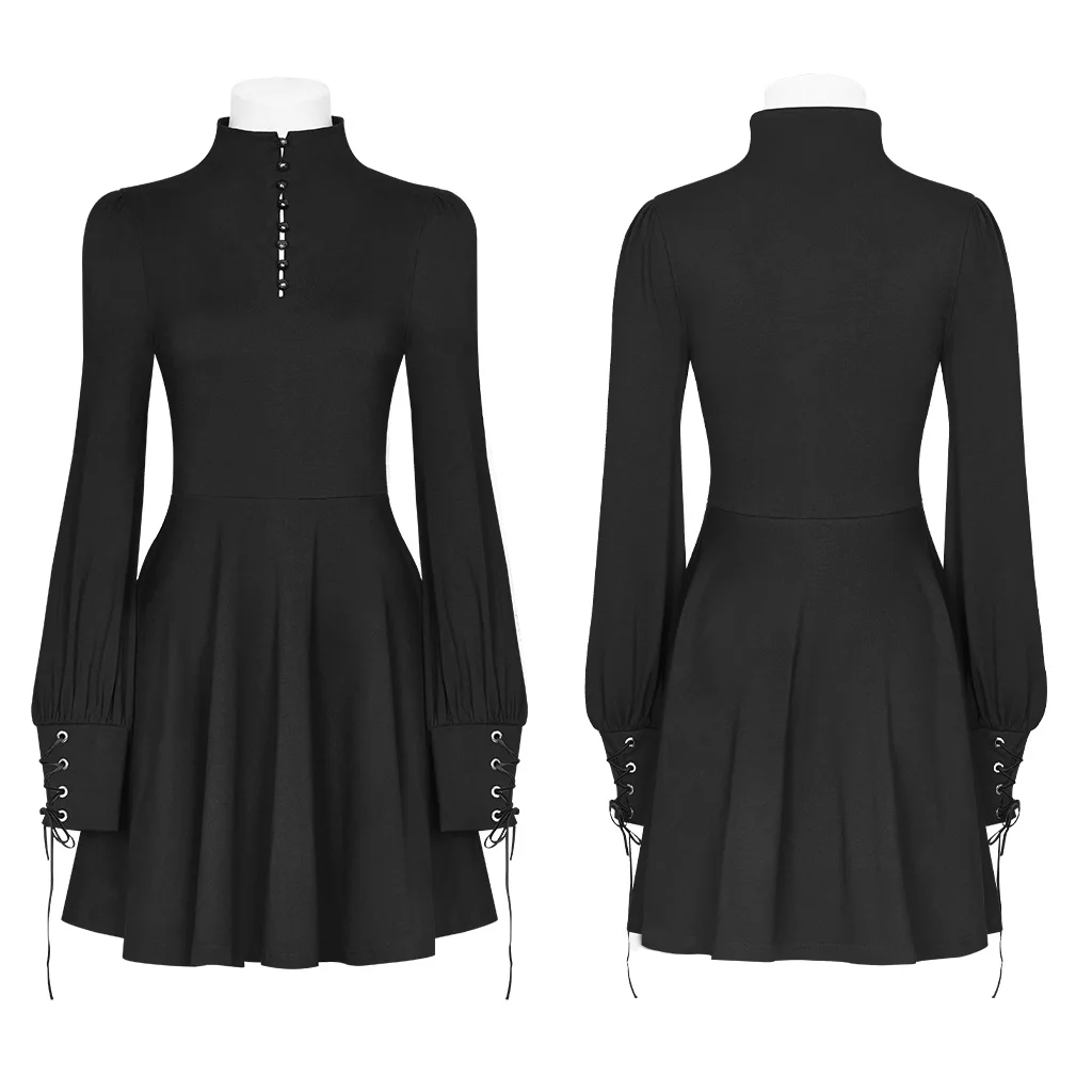PUNK RAVE Women Gothic High Collar Tie Rope Dress Eyelet Cuff Long Sleeve Slim Fit Casual | Женская одежда