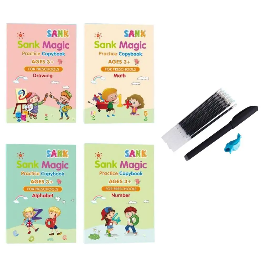 

4 Books + Pen Magic Practice Copybook Free Wiping Children's Copybook Magic Magic Writing Sticker English Version