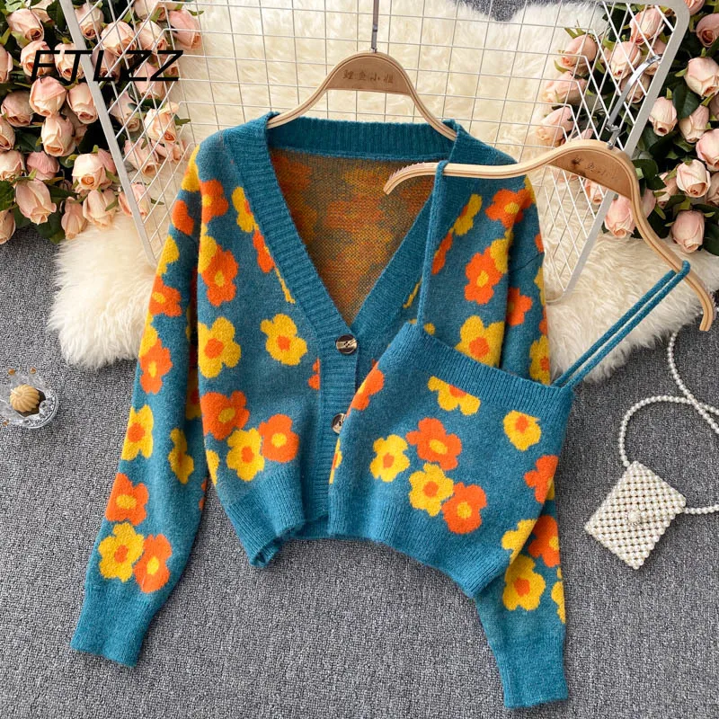 

New Women Streetwear Crop Sweater Autumn Winter Vintage Floral Printed Vest and Button Up Cardigan Ladies Knitted Jumper
