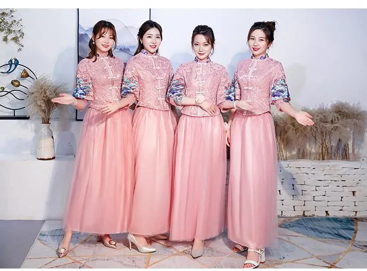

Pink Bridesmaid Wedding Party Chinese Dresses Vintage Mandarin Collar Cheongsam Embroidery Flowers Long Skirt Vestidos De Festa