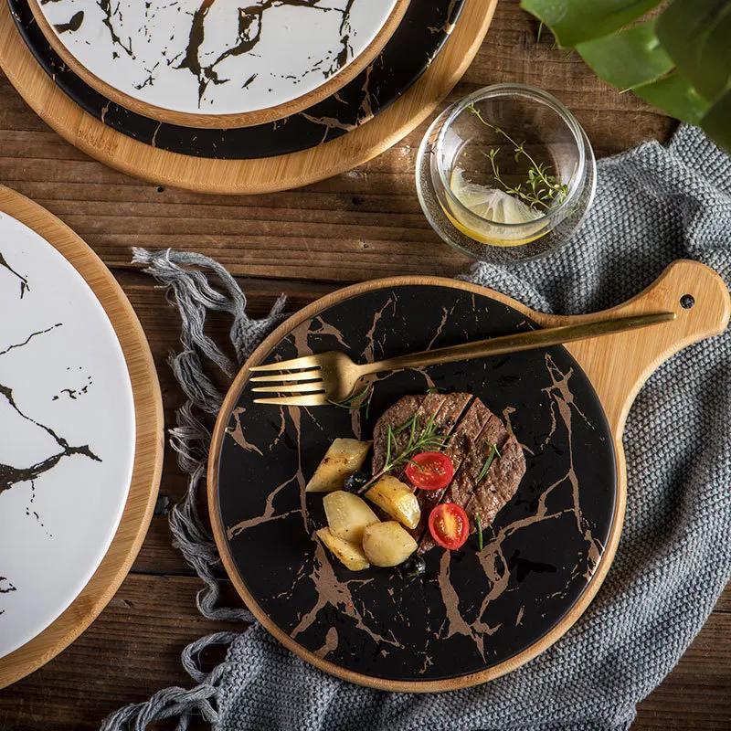 Restaurant Nordic Marble Light Luxury 10-Inch Steak Plate Creative Western Pizza Matte Gold Pattern Ceramic | Дом и сад