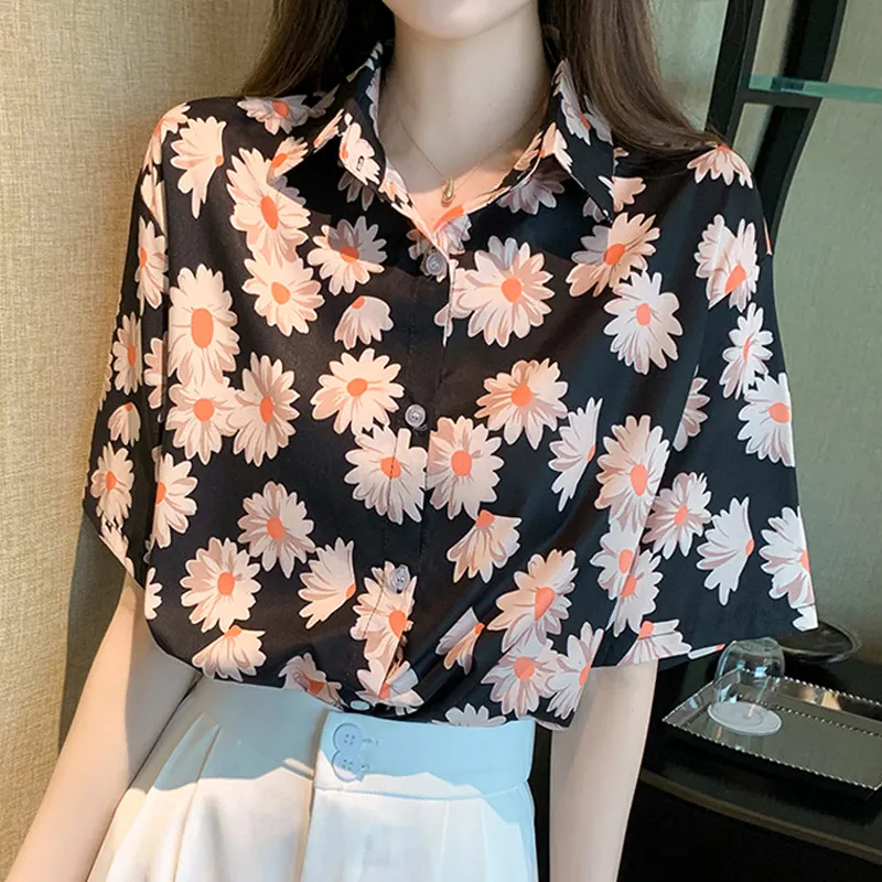 

Korean Elegant Vintage Short Sleeve Single-Breasted Floral Print Office Lady Chiffon Shirt Blouse Women Summer Tops Women 2021