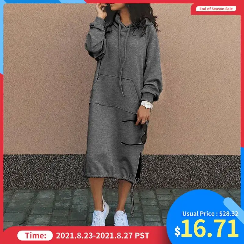 Женское теплое платье с капюшоном Celmia модное флисовое свитшот длинным рукавом