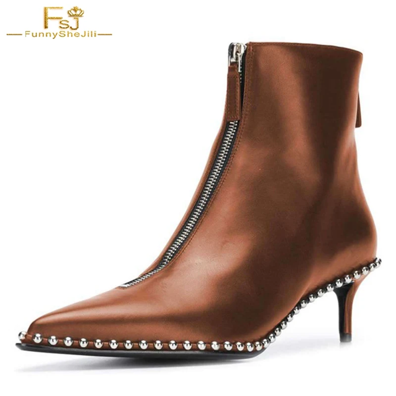 

FSJ Brown Double Zip Rivets Kitten Heel Women Ankle Boots Retro Leather Pointy Toe Date Party Botas De Mujer 2021 Black Friday