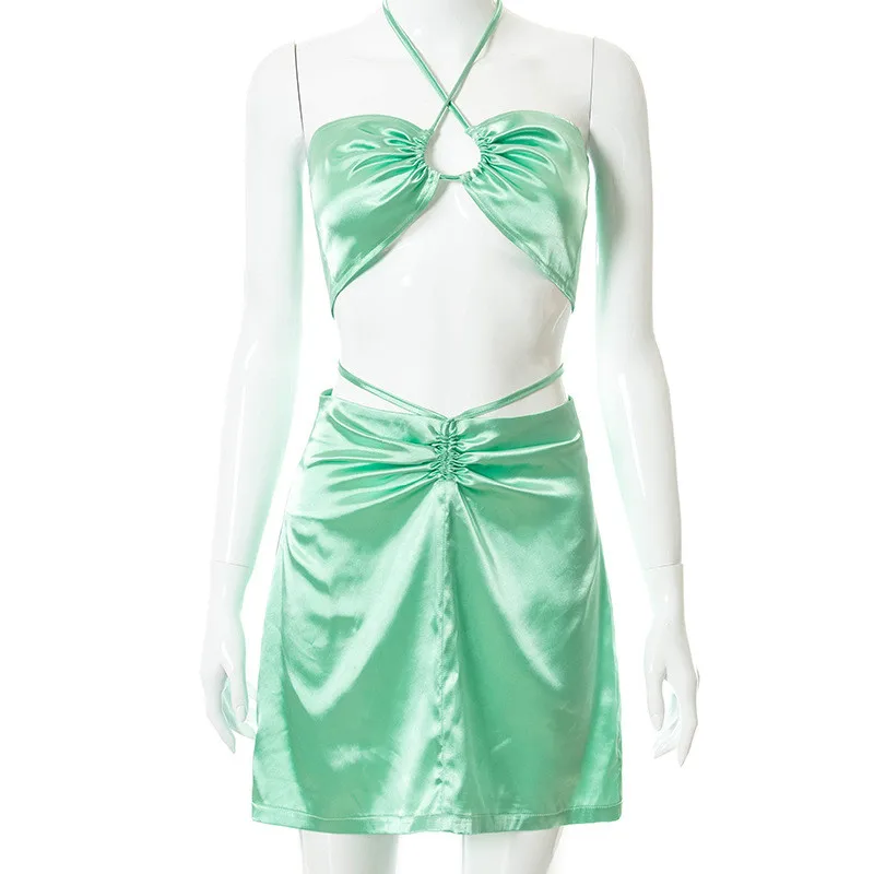 

Fashion Cross Halter Two Piece Sets Suits Summer Backless Bandage Tops Ruched A-line Slim Skirts Matching Set Ladies Tracksuit