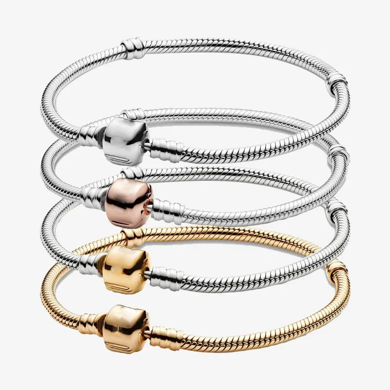 

Authentic S925 Sterling Silver Classic Cylindrical Button Snake Bone Bracelet Suitable For Women Diy Jewelry Original Charm