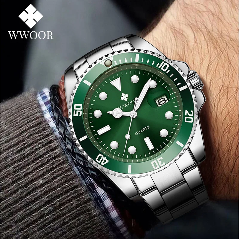WWOOR New Sport Diving Mens Watches Top Brand Luxury Full Steel Waterproof Automatic Date Green Clock Men Quartz Wrist Watch Box wwoor mens rectangular watches top brand luxury rose gold quartz wrist watch male full steel analog date business watch with box