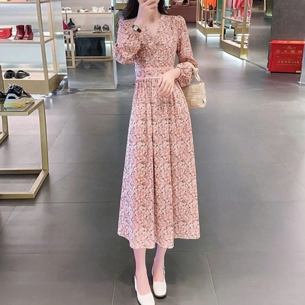 

Summer Vacation Dress Women Elegant Floral Print Long Puff Sleeve Maxi Dress Basic Garment Korean Sweet Vintage Long Tea Dress