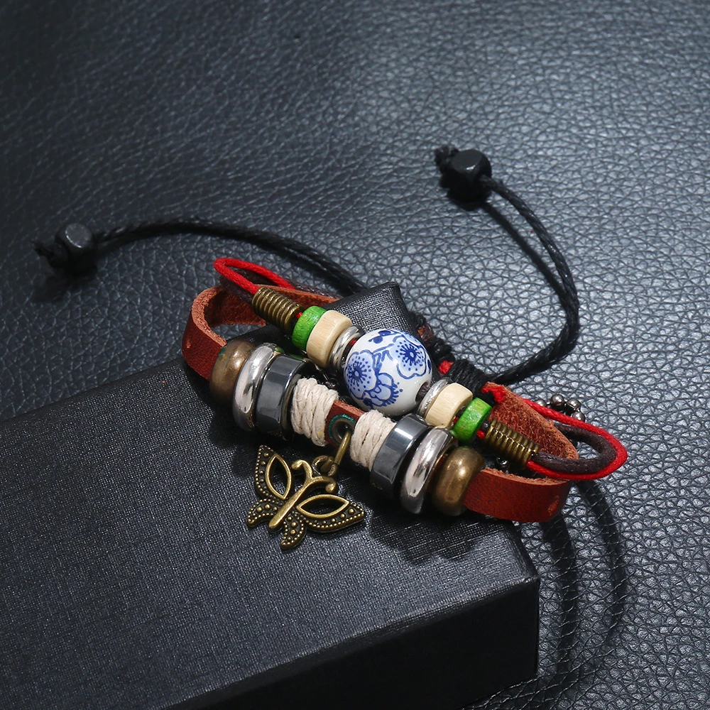 Модный винтажный Браслет манжета из сплава с подвесками в виде бабочки Кожаный