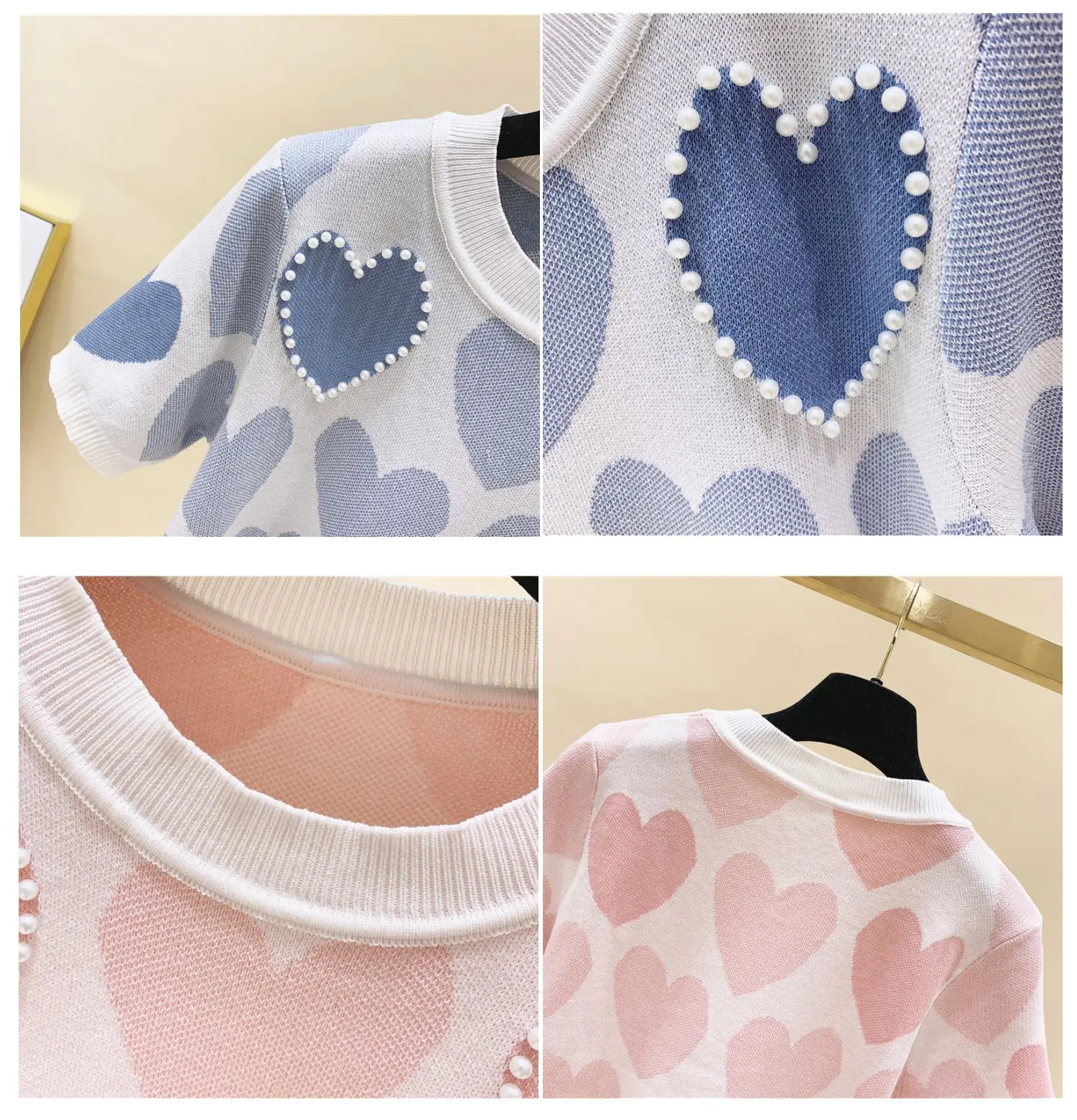 

Loose Love Jacquard Beaded Short Sleeve Knitted T-shirt Female 2021 Summer Fashion Design All-match Top O-Neck Sweet Cute Tees