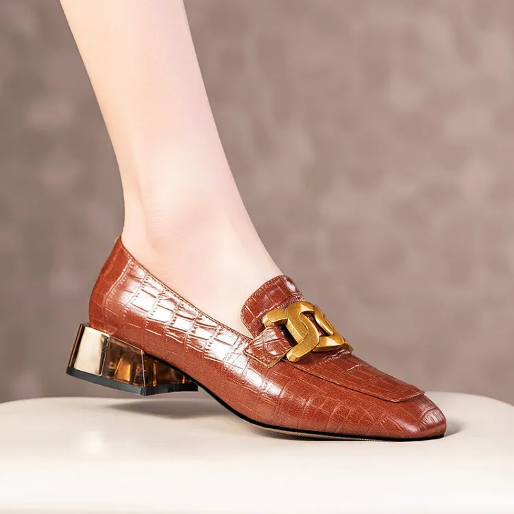 

MLJUESE 2021 Women Pumps Soft Cow leather Autumn Spring Brown Color Square toe Metal Decoration high heels pumps Size 40
