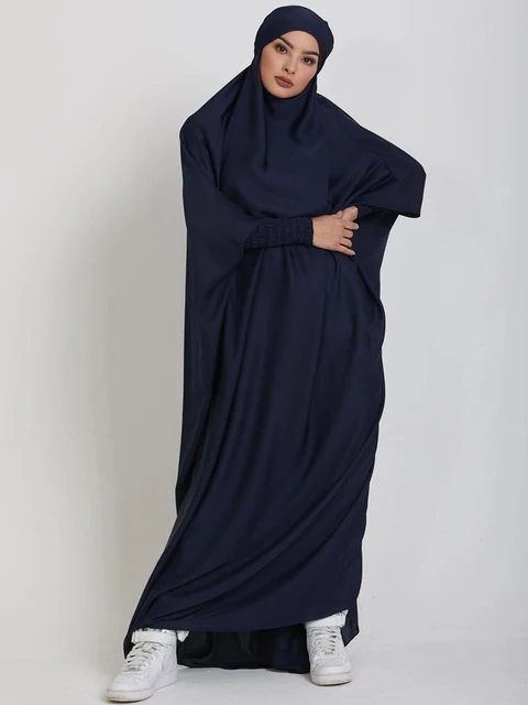 Muslim Women Jilbab One-piece  Prayer Dress Hooded Abaya Smocking Sleeve Islamic Clothing Dubai Saudi Black Robe Turkish Modesty 3