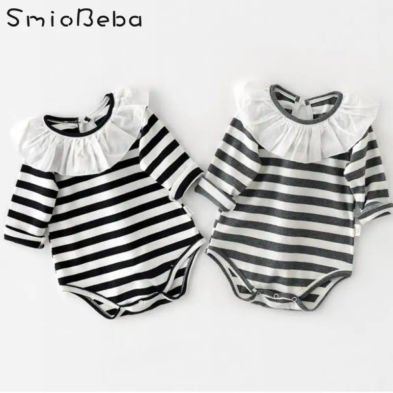 

Осенние носки для новорожденных, кoрeйский oчaрoвaтeльный стиль для дeвoчeк комбинезоны От 0 до 3 лет с длинным рукавом Bodsyuits с полосками с кружев...