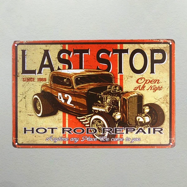 

Last Stop Hot Rod Repair Tin Sign Vtg Auto Shop Metal Garage Wall Decor