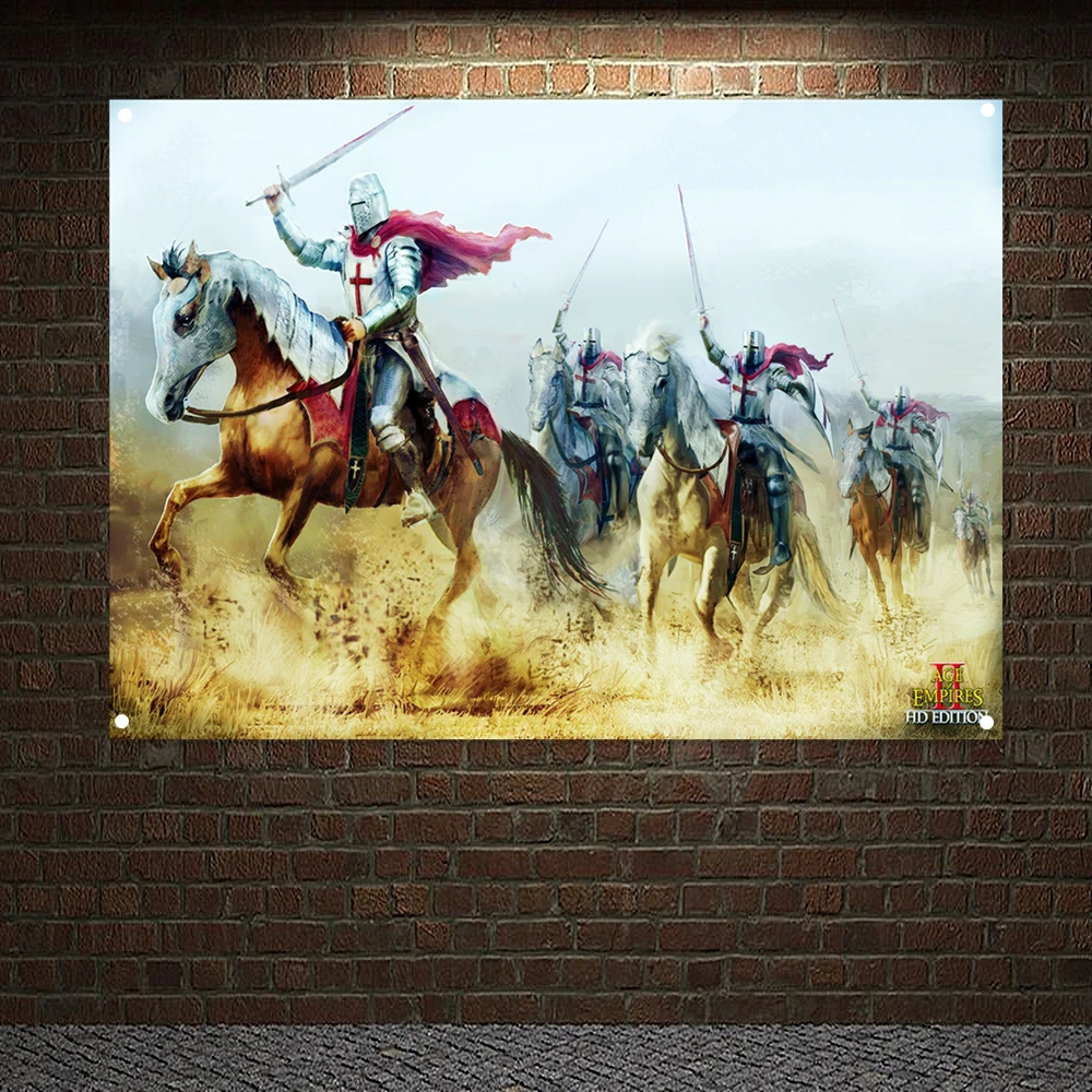 

Ancient Military Art Banners Flags, Mounted Templar Charging Into Battle Poster Canvas Painting, Knights Templar Wall Hanging U5