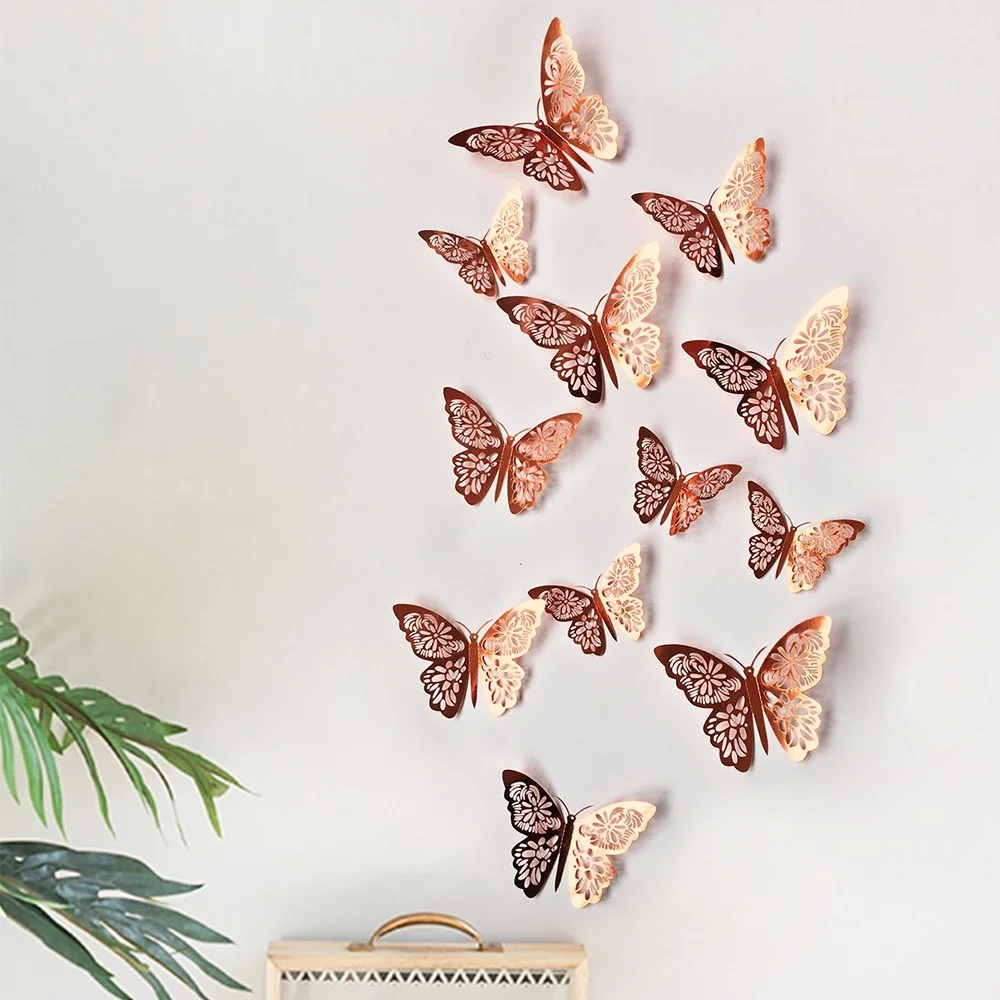

12pcs Beautiful Rose Gold Silver Wall Stickers 3D Hollow Butterfly Wall Decal For Wedding Birthday Party Home Room Decoration