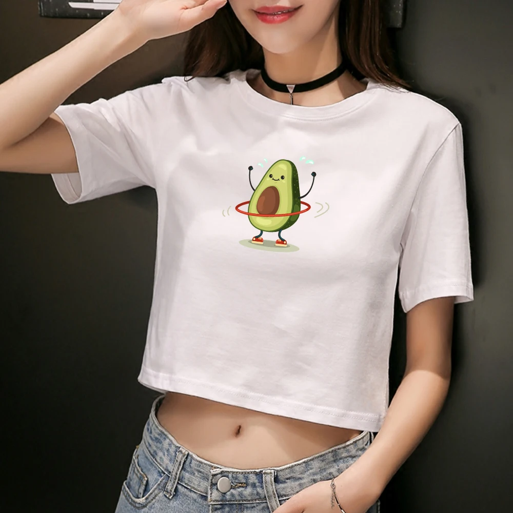 Harajuku Kawaii Милая футболка с принтом авокадо корейская мода хлопковый укороченный