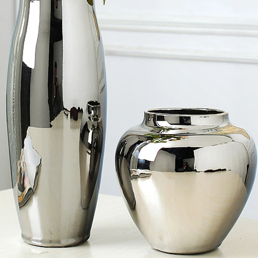 Серебряная декоративная керамическая ваза с золотым покрытием для дома гостиной