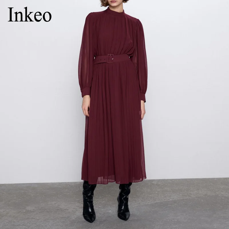 Женское длинное плиссированное платье с поясом элегантное офисное шифоновое