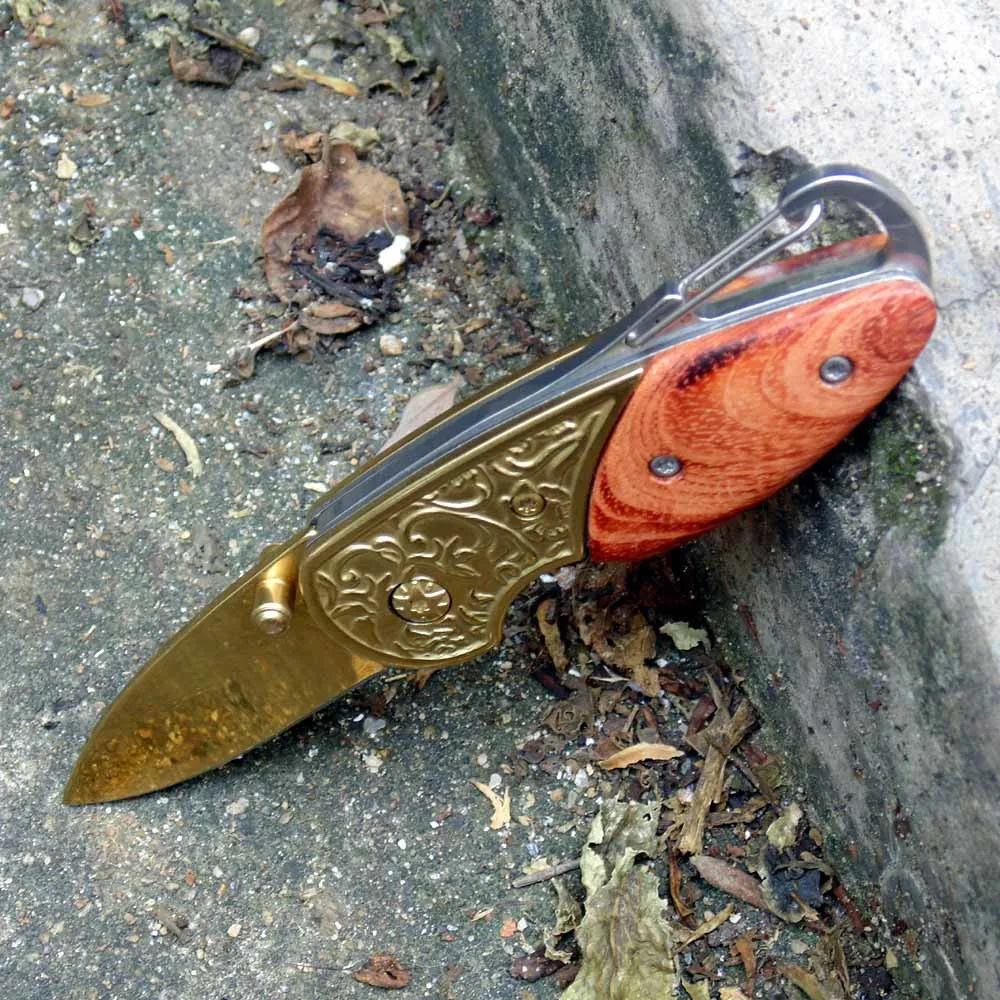 wooden handle folding knife Camping survival and self-defense portable practical Golden blade stainless steel sharp edge | Спорт и