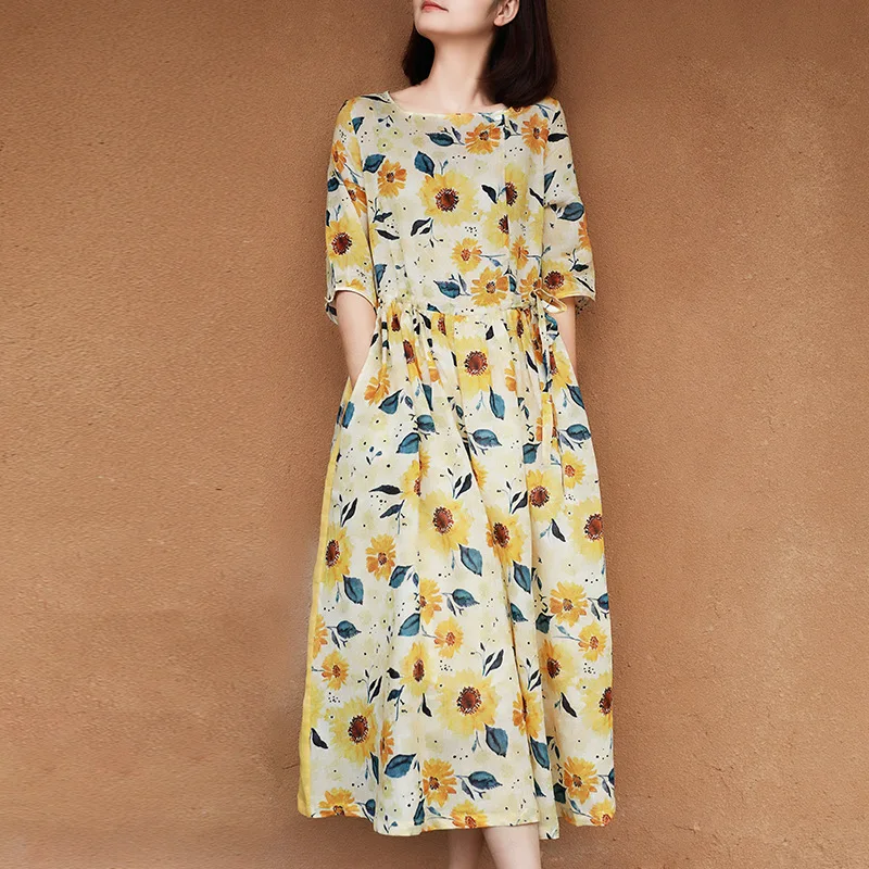 Square Collar Paneled Dress Loose Waist Double Layer Retro Ramie Dress Large Swing Summer Dress