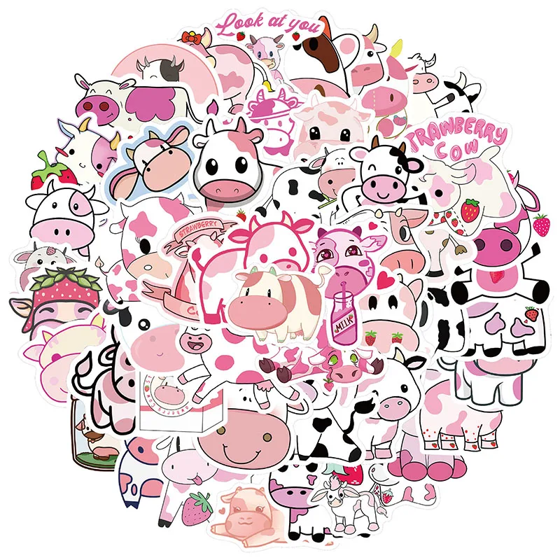 50 Uds de dibujos animados rosa fresa adhesivos de vacas impermeable Animal pegatinas de grafitis para ni&ntilde;os monopat&iacute;n DIY equipaje pegatina de juguete-1