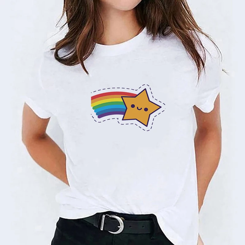 

Rainbow Heart T-shirts Women Short Sleeve Funny Summer Free Shipping Women-clothing Women's White Shirt Tops With Sleeves Tees