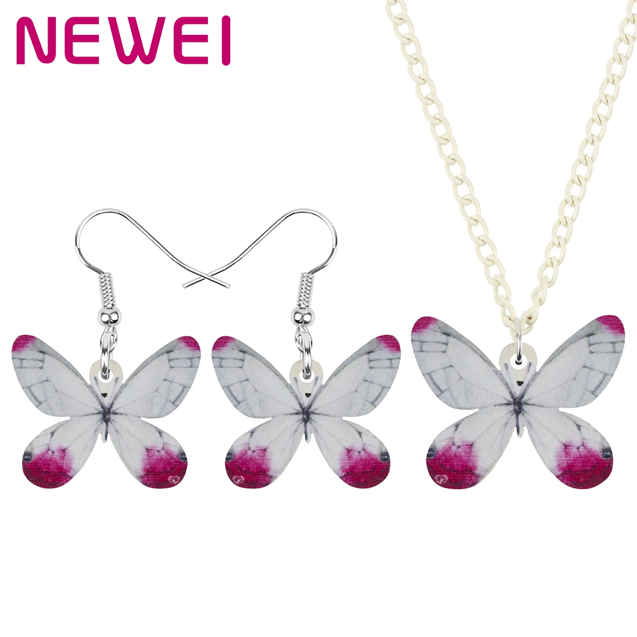 

Newei Acrylic Lovely White-pink Butterfly Jewelry Sets Cute Animal Insect Necklace Earrings For Women Kid Lover Gifts Decoration