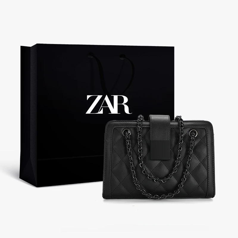 

ZAR Black Leather Crossbody Bag Fashion All-match Small Square Bag Women Messenger Chain Bag Women's bag Europe America