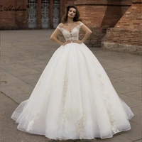 alonlivn beading pearls embroidery lace puffy ball gown wedding dresses off the shoulder silky organza bride gowns