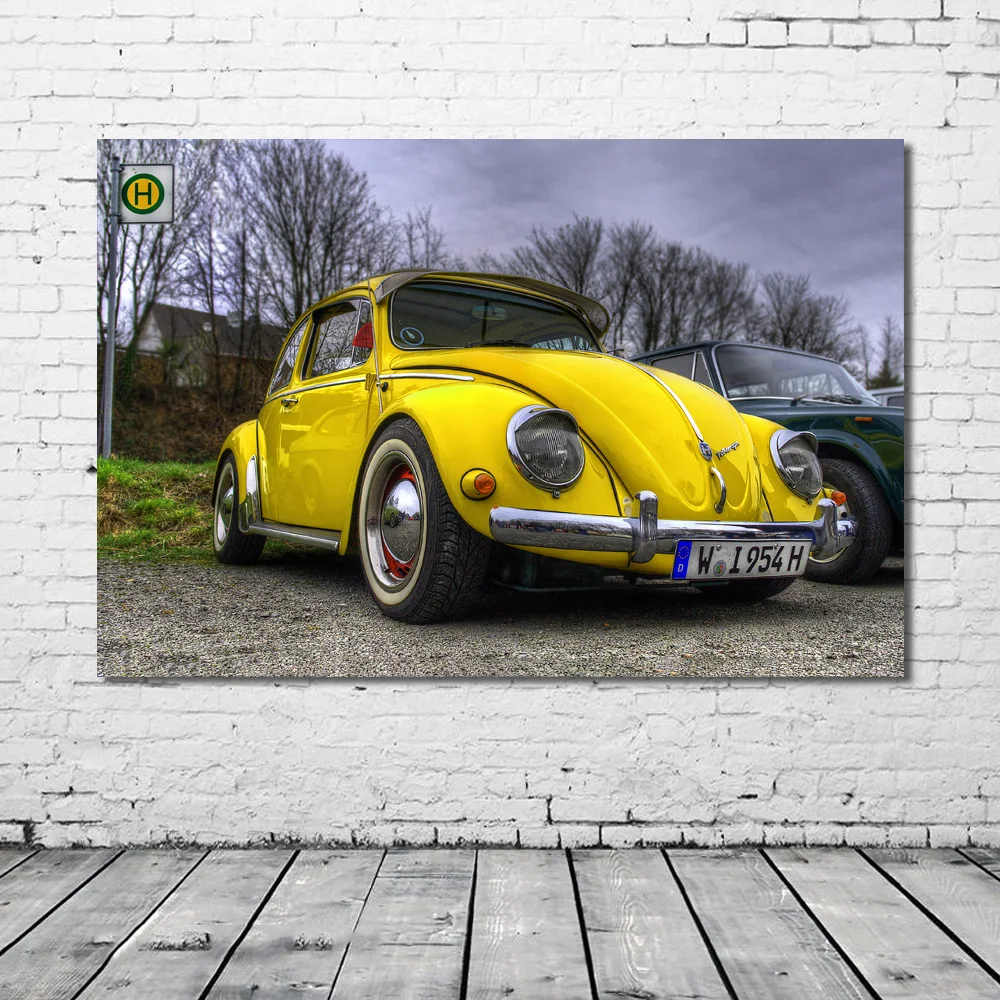 Шелковая картина настенная живопись жуками желтый ретро автомобили холст