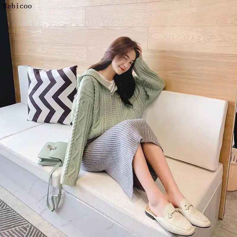 

female sweater knit cardigan women loose solid color long-sleeved wild hooded short autumn Korean fashion coat