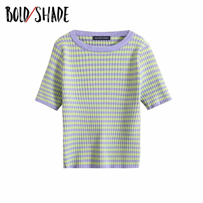 

Bold Shade Y2k E-girl Aesthetic Streetwear Tees Short Sleeve Striped Crop Tops Women Knitted Ribbed 90s Fashion Casual T-shirts