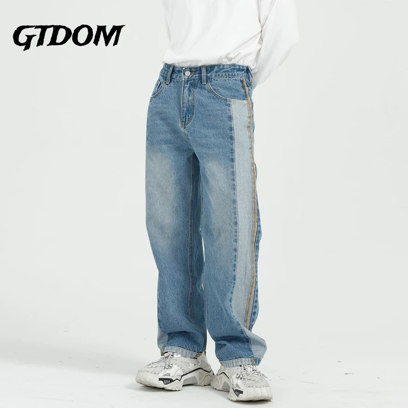 

GTDOM Men Korean Patchwork Splice Color Zipper Fly Loose Full Length 2022 Autumn And Winter New Spliced Wash water Jeans