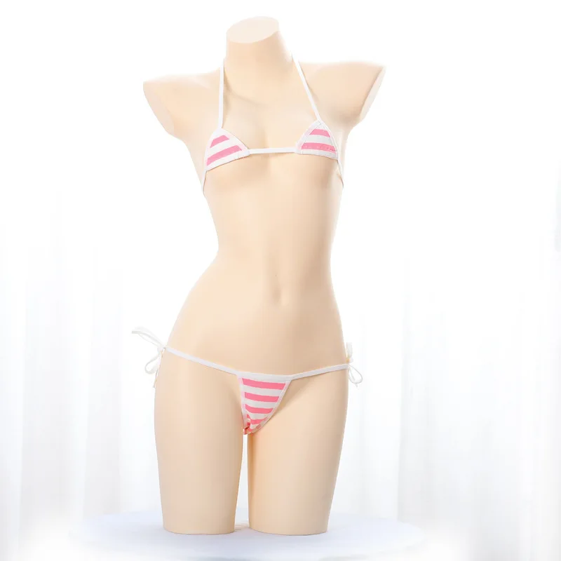 Pinkmini Милое сексуальное женское белье в стиле Лолиты, клубничный синий, розовый, белый, в полоску, мини-бикини, для взрослых, косплей, эротические костюмы, бюстгальтер, Женский комплект нижнего белья - Цвет: Pinkmini