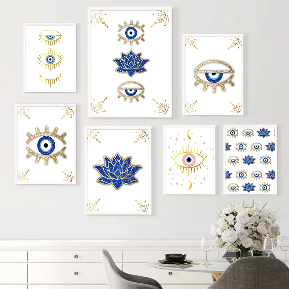 

Evil Eye Gold Blue Pink Sparkly Lotus Wall Art Canvas Painting PostersNordic And Prints Wall Picture For Living Boho Room Decor