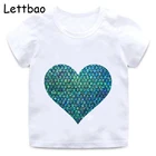 Модная футболка с изображением русалки в форме сердца для девочек, милые футболки в стиле Харадзюку, Повседневная футболка с мультяшным принтом для мальчиков, милые повседневные топы, футболки