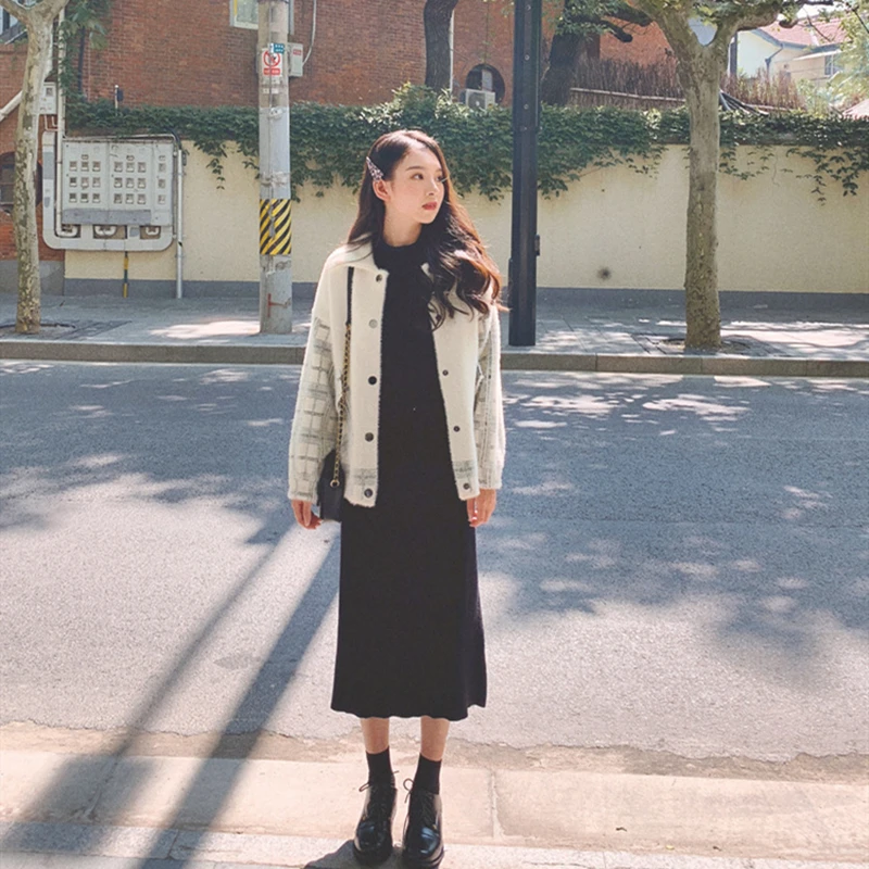 

2020New Casual Knitted Cardigan Oversize Button Front Contrast Stripe Cardigan Autumn Winter Women Sweater Temperament Cardigan