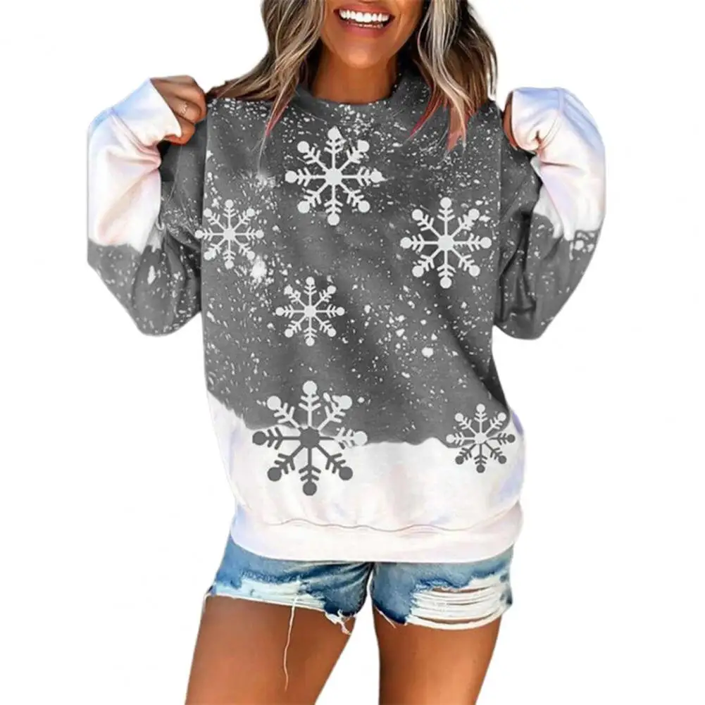 

O-Neck Long Sleeve Pullover Women Sweatshirt Breathable Snowflake Print Patchwork Christmas Sweatshirt Outerwear Top Women