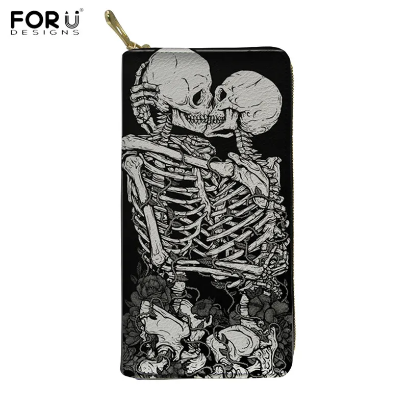 

FORUDESIGNS Black Wallets The Lovers Design Punk Style Long PU Purse for Female Skull Print Bank Card Pouch Brand Purse Carteira
