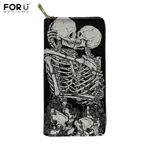 Черные кошельки FORUDESIGNS, дизайнерский Длинный кошелек из искусственной кожи в стиле панк для женщин, кошелек с принтом черепа для банковских карт, брендовый кошелек, кошелек
