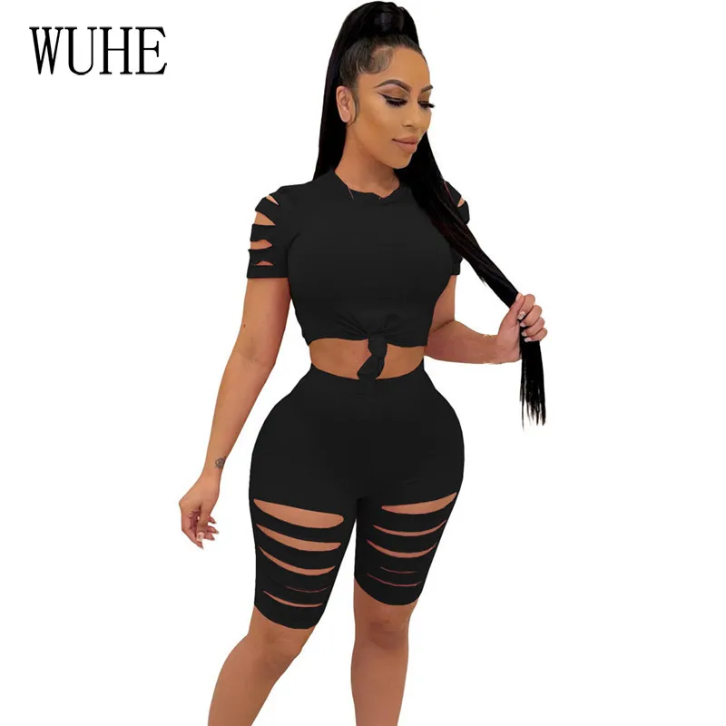 

WUHE Casual Tracksuits 2 Sets O Neck Short Sleeve Hollow Out Sexy Hole Crop Top Slim Pants Sports Fitness Summer Women Outfits