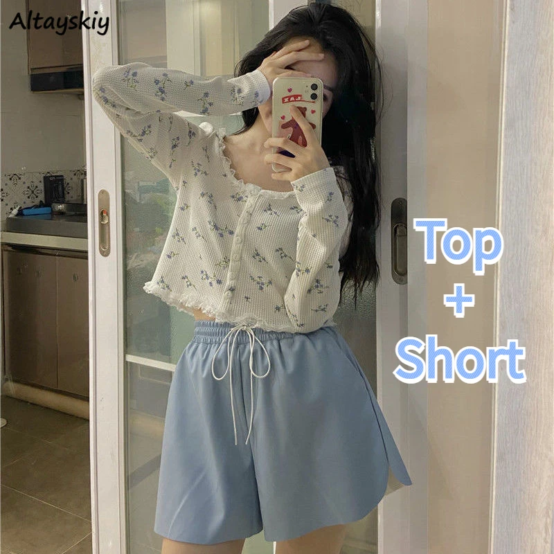 

Women Sets Loose Sweet Cropped Print Shirts Summer Solid Shorts Ladies Fresh Cute Korean Style Leisure Fashion Comfortable New