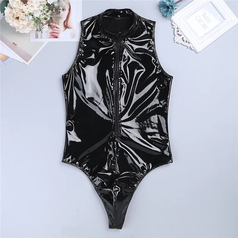 Мужской черный слитный купальник из лакированной кожи без рукавов сексуальный