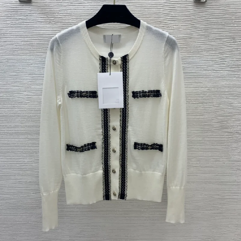 

Женский шерстяной вязаный кардиган, Роскошный дизайнерский свитер с кружевными вставками, круглым вырезом и длинным рукавом